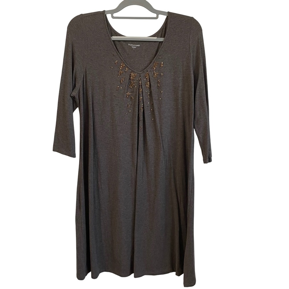 Eileen Fisher Dress Womens Large Gray Knit 3/4 Sleeve Sequins‎ Casual Stretch